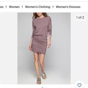 ATHLETA WOMEN'S DUSTY PLUM STRIPED LONG SLEEVE RUCHED SOFT AVENUES DRESS Sz XS